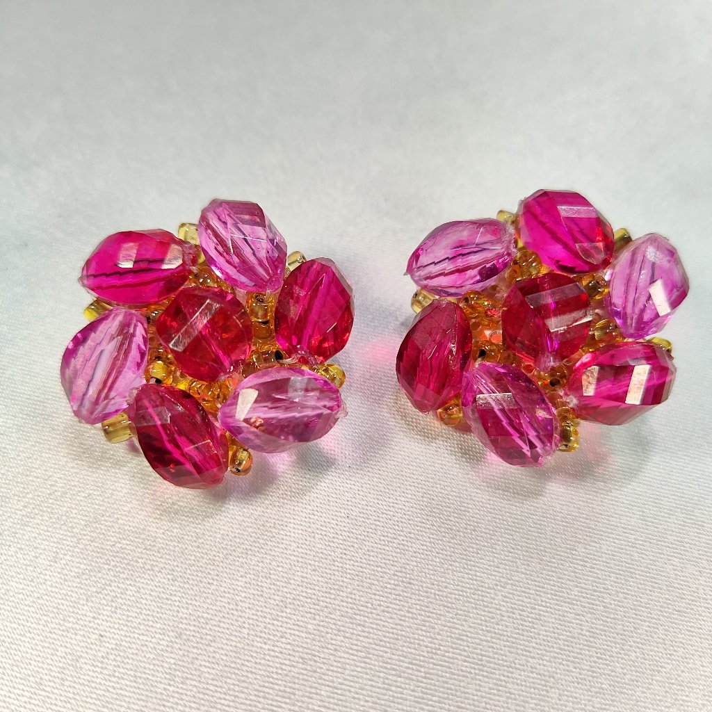 1950's Plumb And Purple Glass Bead Wired Cluster Clip Earrings From West Germany